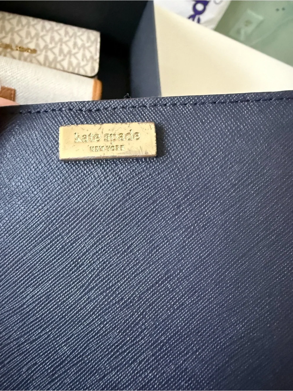 kate spade navy saffiano zip card case with gold logo